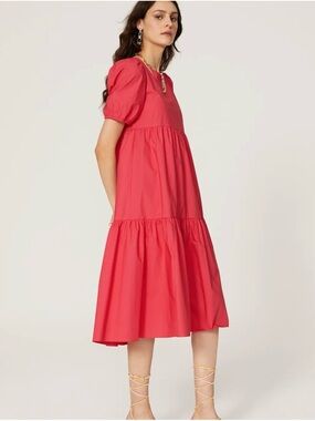 Peter Som Puff Sleeve Tiered Dress in Pink with black tie back
